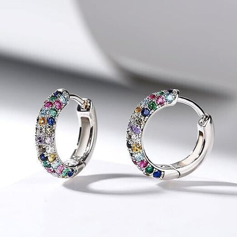Multicolor Paved 14K White Gold Plated Cubic Zirconia Women Huggie Hoop Earrings